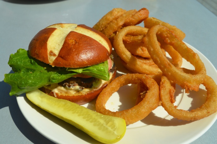 I had the new Park Burger on a pretzel bun with a side order on onion rings.  The burger was extremely tasty and the onion rings were among the best I've ever had!